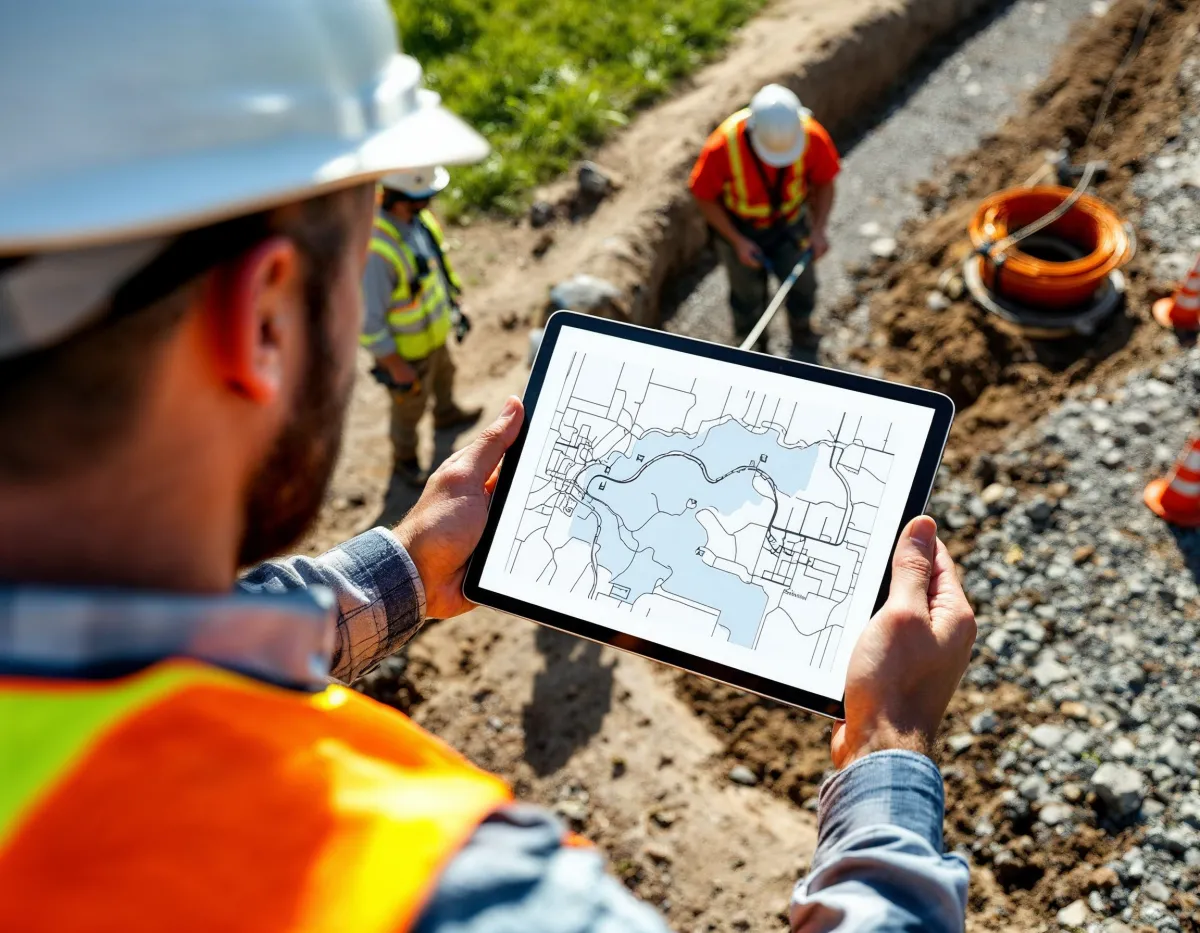 Project manager reviewing an underground utility map on-site, showcasing meticulous planning and precision by LHG Services for seamless project execution.