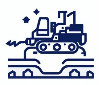 A sleek blue icon of a horizontal drilling machine with a drill head extending into the ground, paired with an arrow, representing precise and trenchless utility installation on a white background.