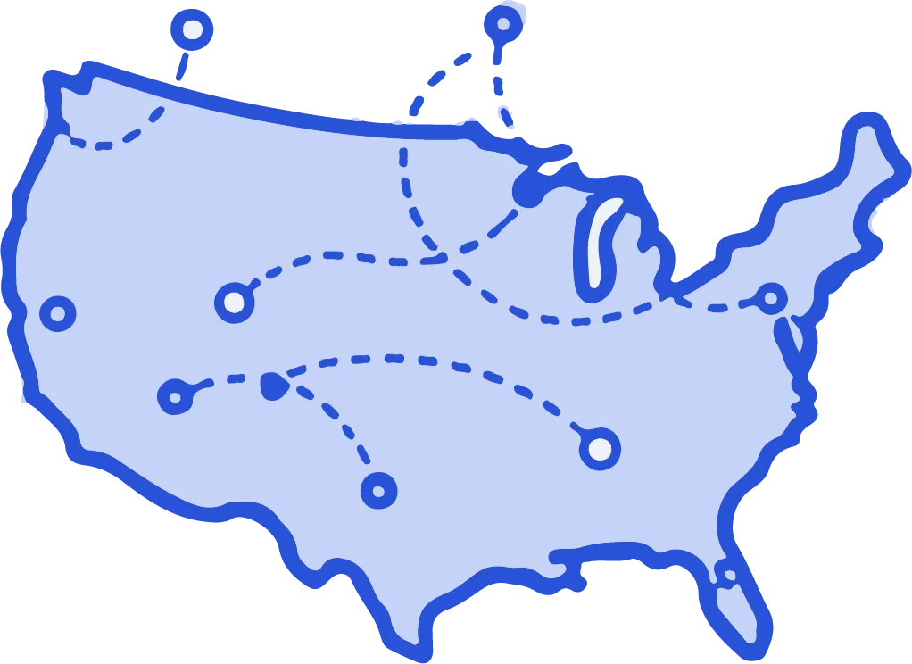 Nationwide service icon with a map of the United States, dotted line, and location markers, symbolizing widespread coverage and reach across the country.