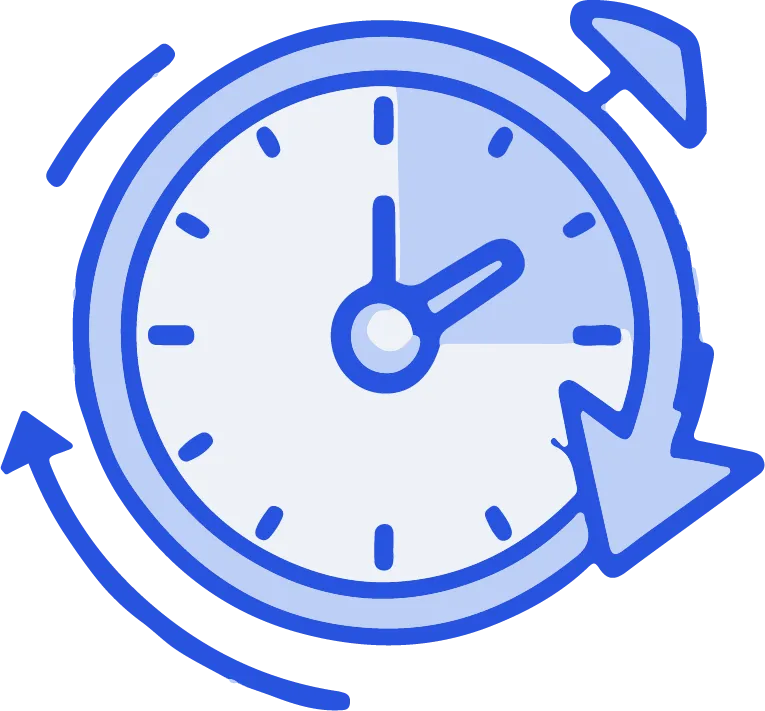 Flexible scheduling icon featuring a clock with a curving arrow, symbolizing the ability to schedule services based on client needs and at any time.