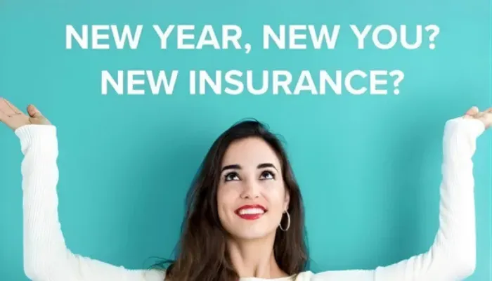 A confident, smiling woman holding a calendar marked “January 1” and a dental insurance card. Background features festive New Year decorations like confetti and balloons. Text overlay: “New Year, New You, New Insurance.” Bright, cheerful colors, modern, professional dental vibe.