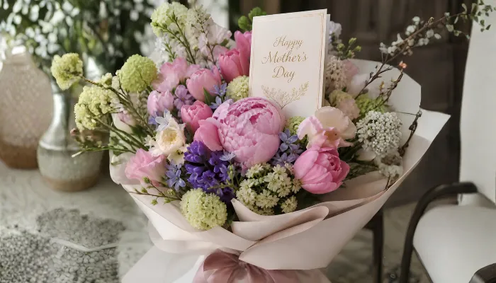 Elegant Mother’s Day bouquet with pink peonies, spring flowers, and a “Happy Mother’s Day” card