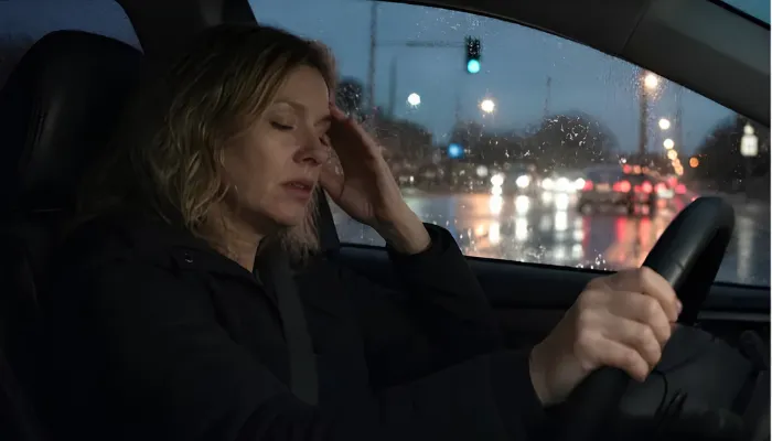 Drowsy driver at night in Richmond Virginia showing fatigue caused by sleep apnea