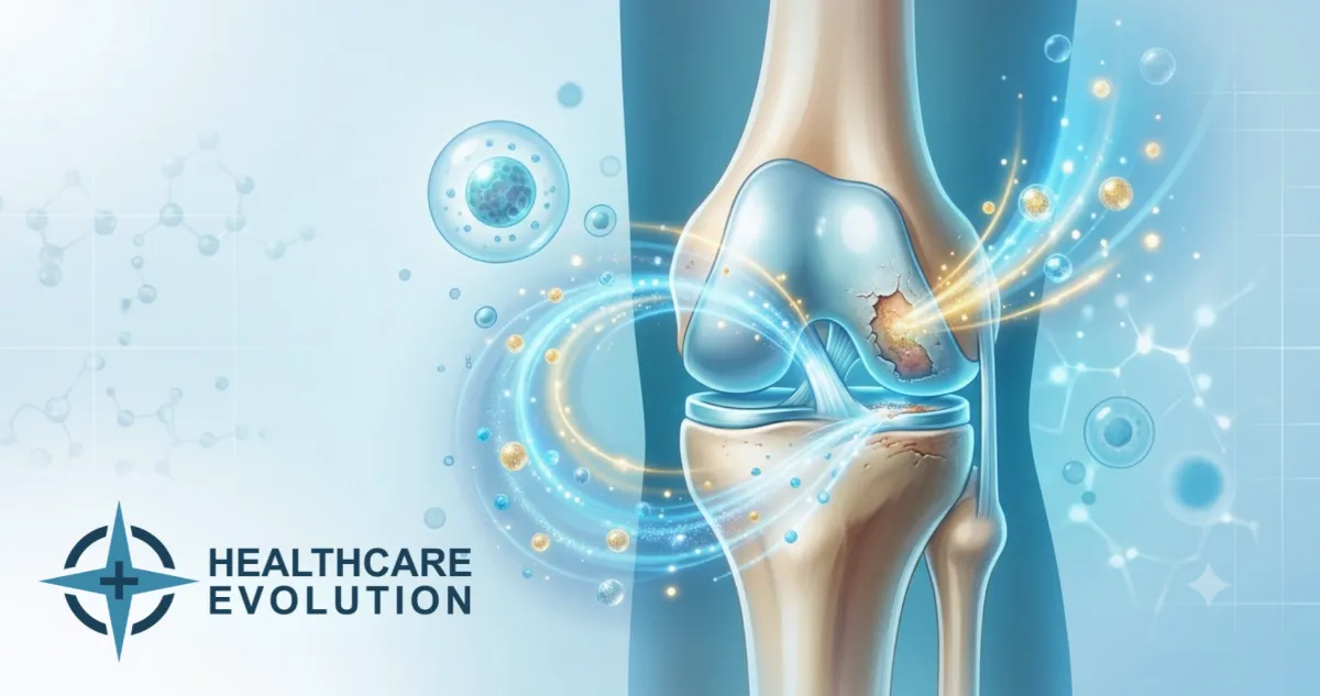 Illustration of Regenerative Cellular Therapy repairing a knee joint, showing cells restoring bone, cartilage, and muscle tissue without surgery.