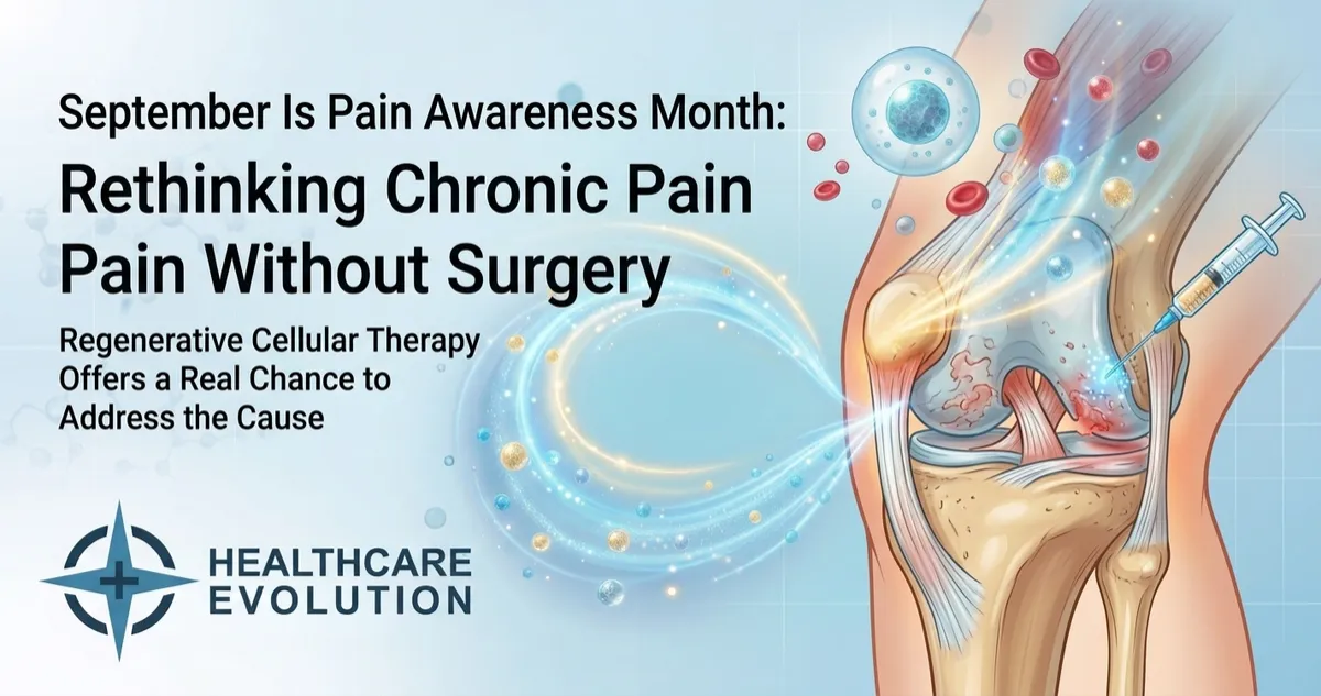 ain Awareness Month cover from Healthcare Evolution near St. Louis, reading Rethinking Chronic Pain, on treating chronic pain without surgery.