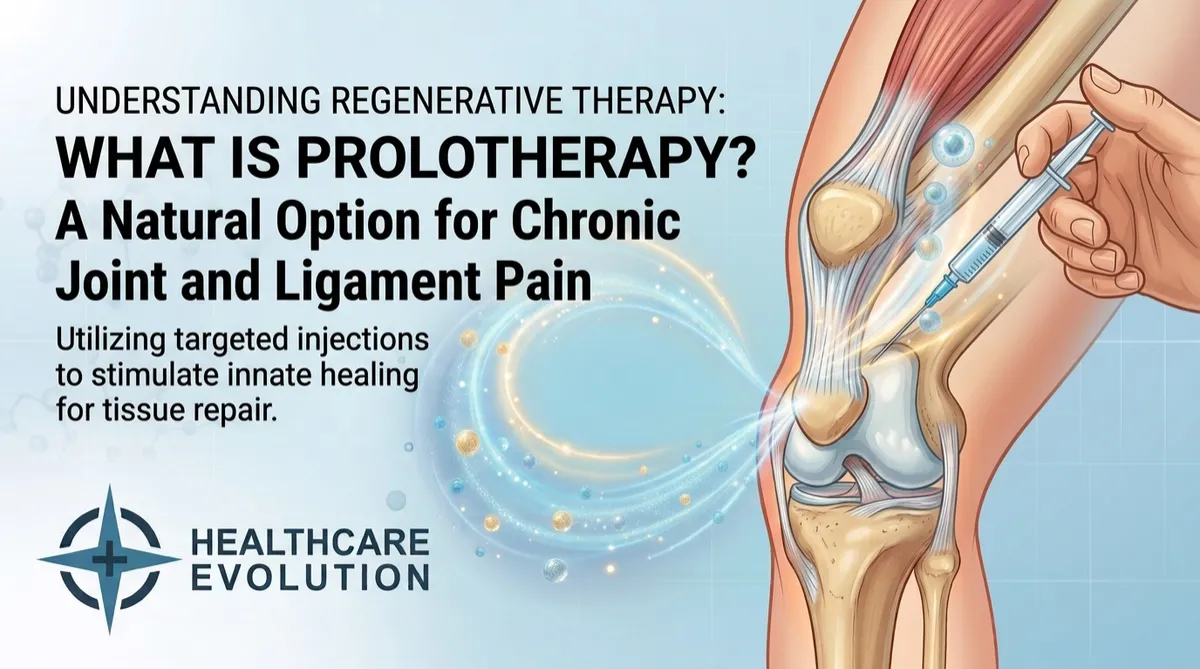 Prolotherapy cover from Healthcare Evolution near St. Louis, reading What Is Prolotherapy, on natural injections for chronic joint and ligament pain.