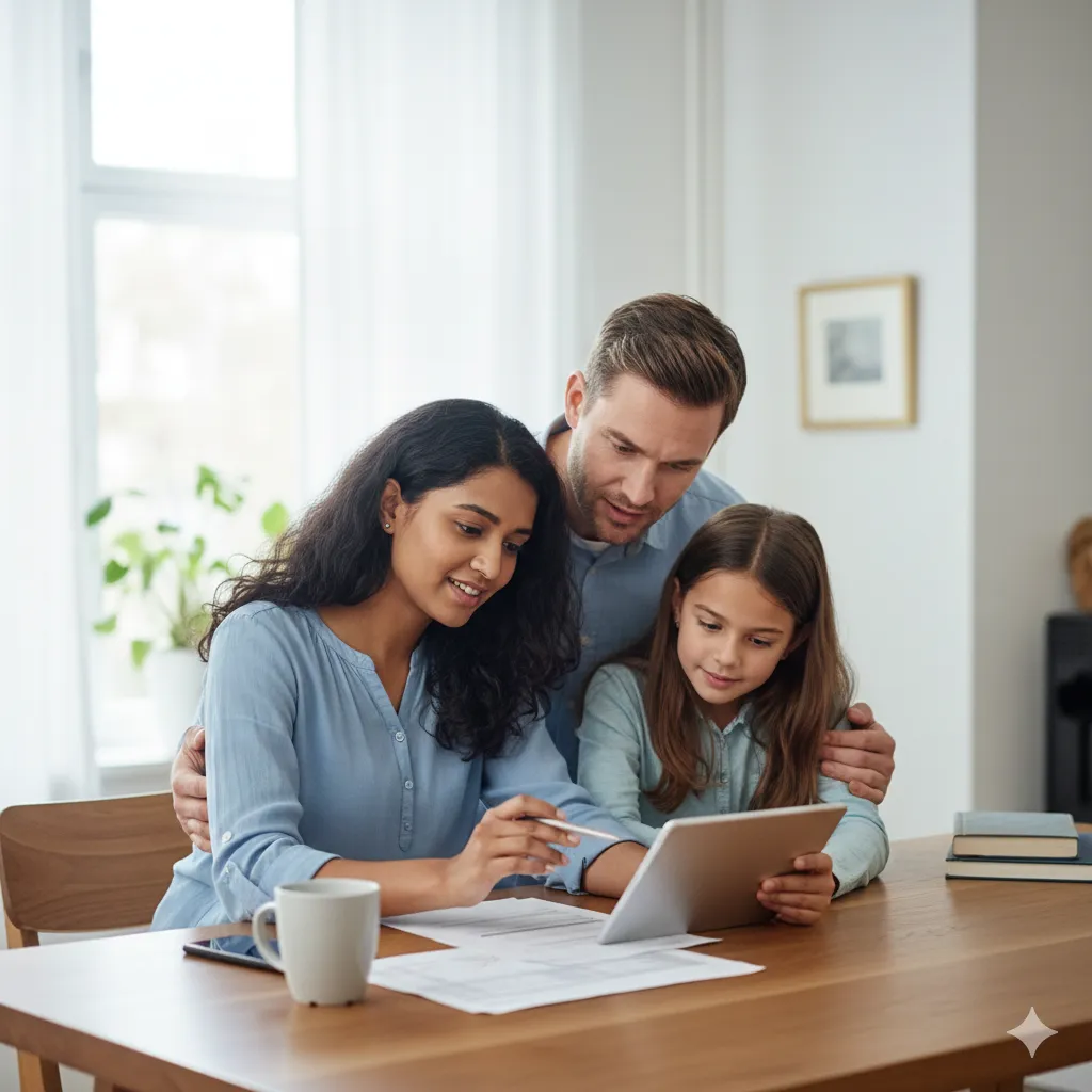 Family at a table with some generic papers, and looking at a tablet