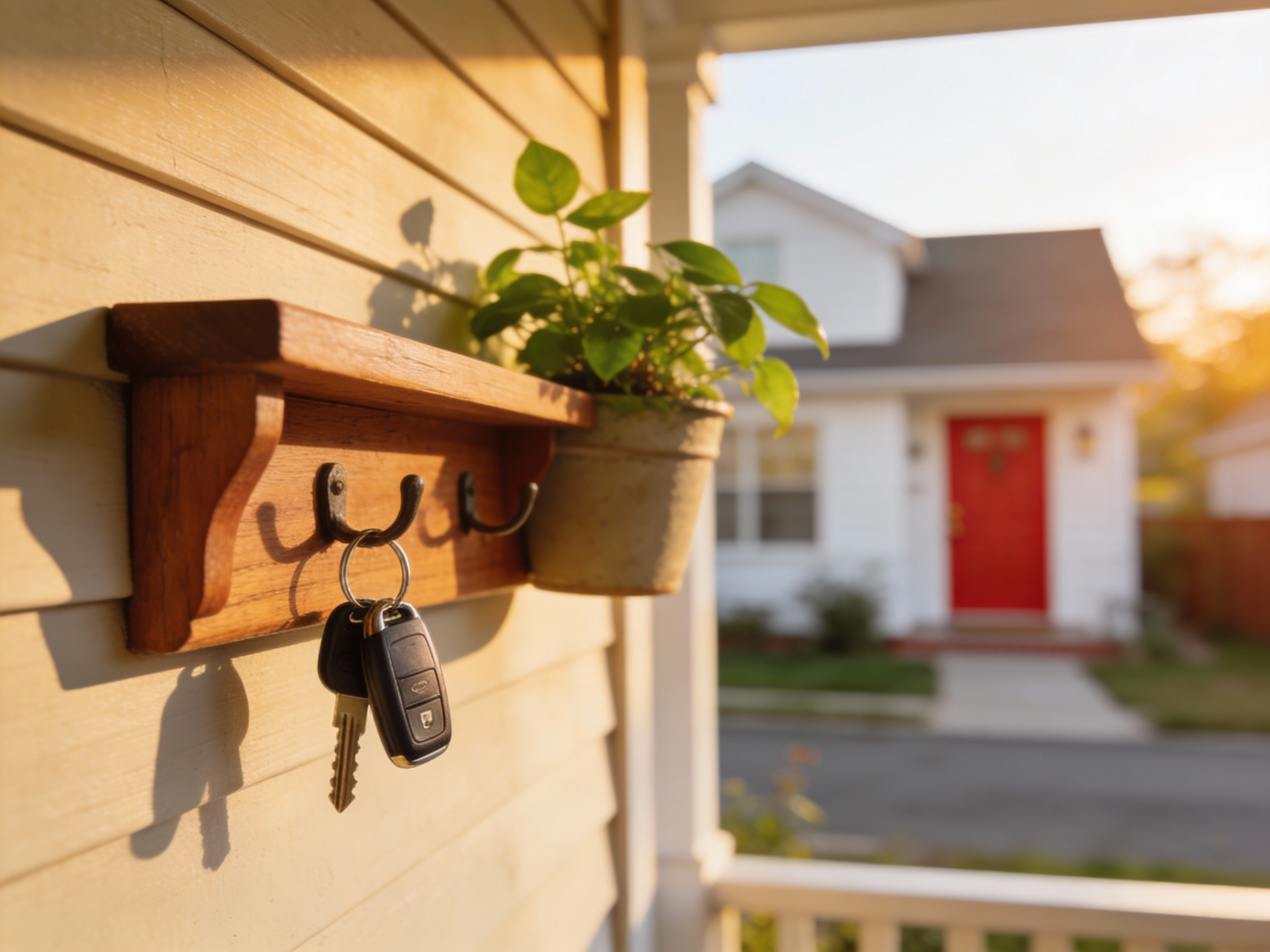 Keys on a wall hook symbolizing home relocation and major life-event transitions.