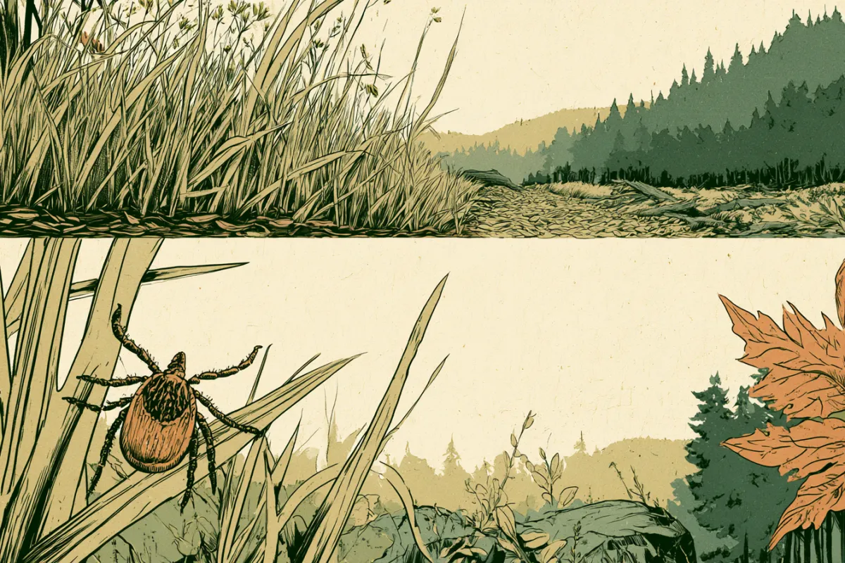 Illustration of a tick climbing to the top of tall grass