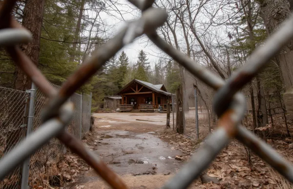 A padlocked gate blocks the path to a wooden outdoor education building surrounded by forest, under an overcast sky.