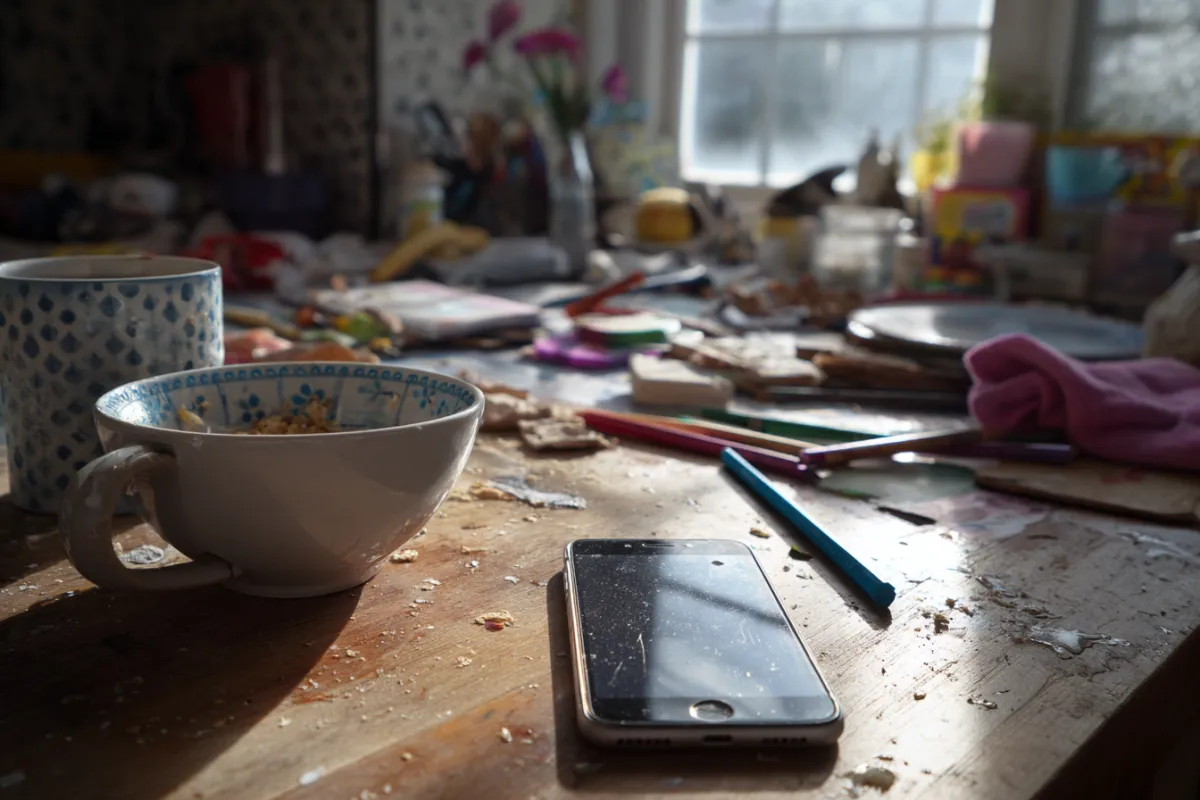 A smartphone lies face-down on a cluttered kitchen counter beside a cereal bowl and a mug of tea in morning light.