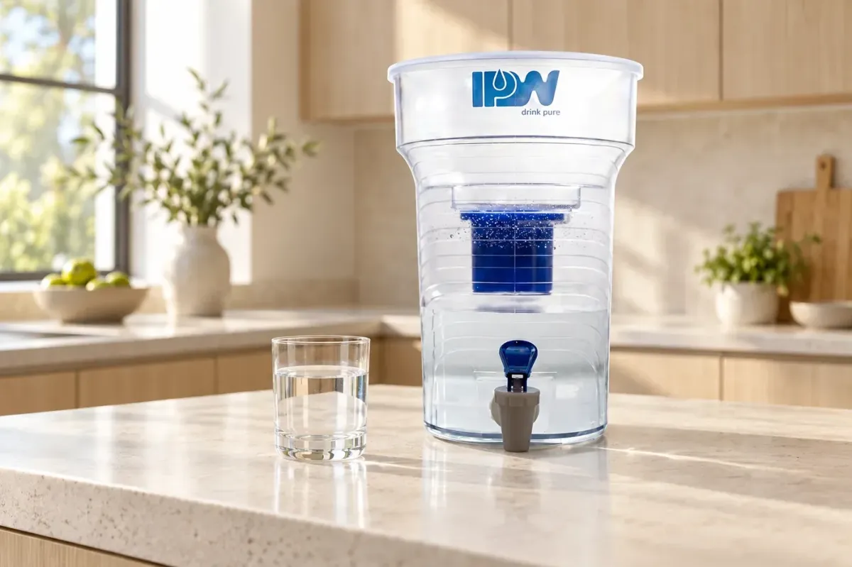 IPW Countertop with blue lever tap on a sunlit kitchen island; glass not included.