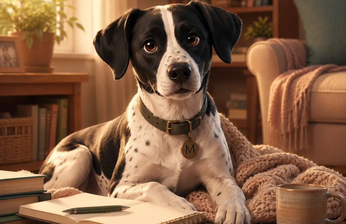 Perro con recursos y materiales listos