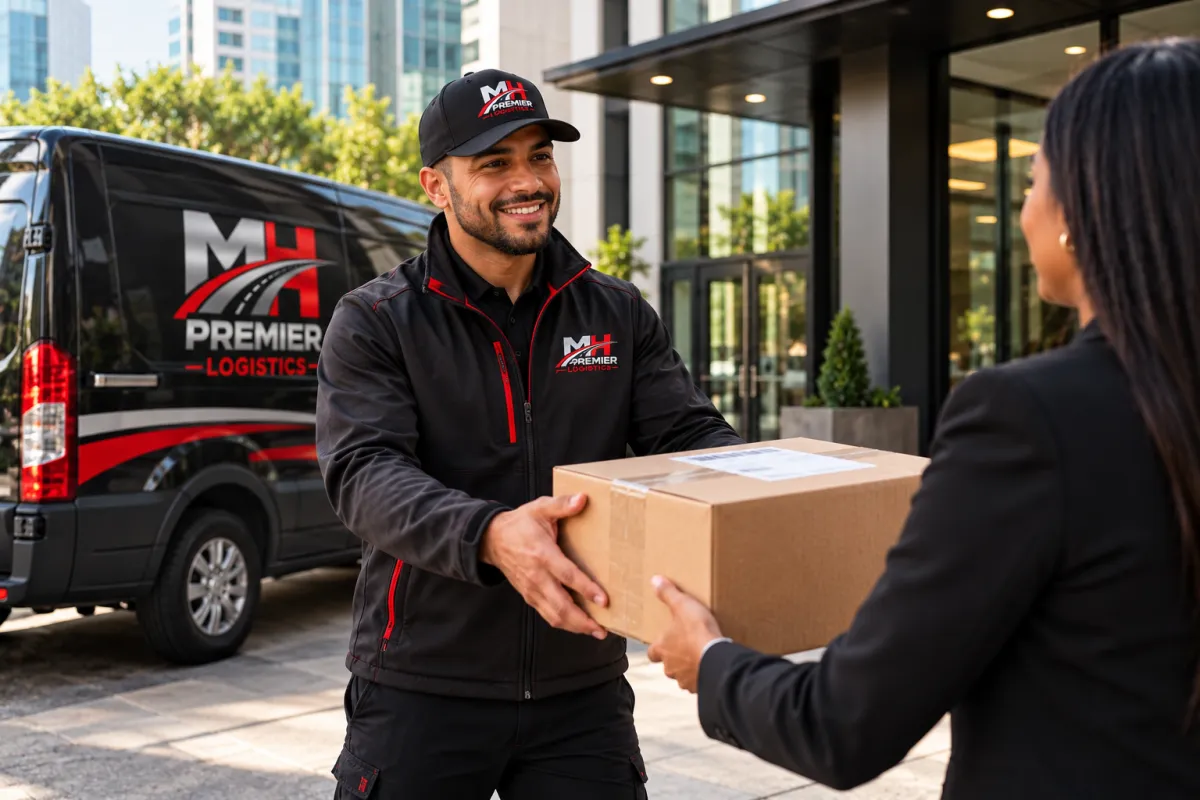 Driver handing over freight package in commercial park