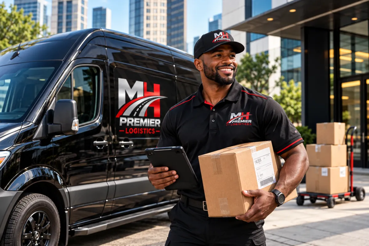 Professional courier courier holding parcel documentation in Houston