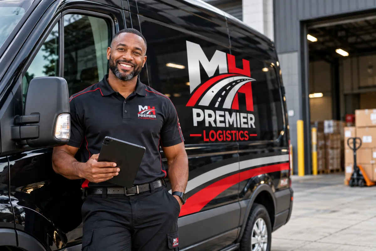Montis Harrison, Founder of MH Premier Logistics LLC standing professionally next to a clean transport van
