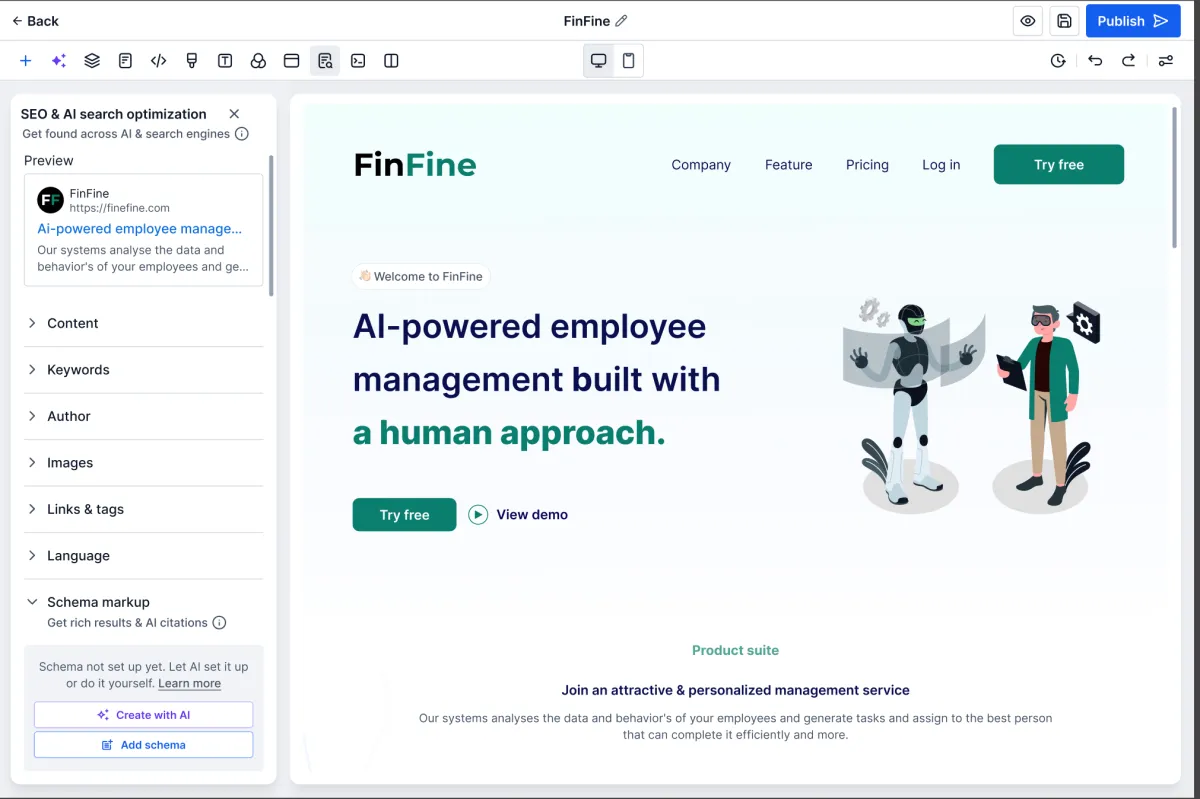 The AI schema markup generator selecting schema types and filling in the fields for a page