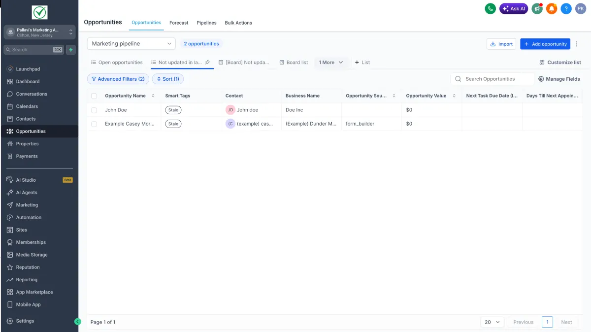 A saved opportunity smart list holding filters, sort order and visible fields