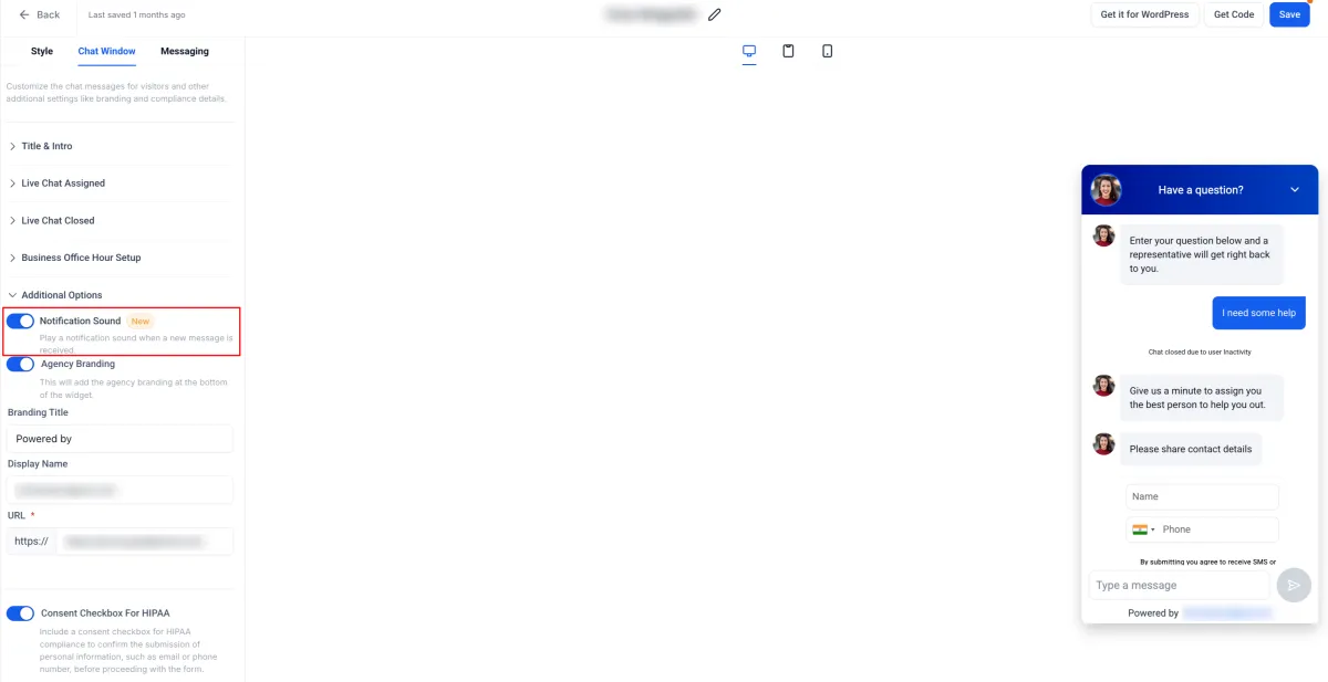 The notification sound toggle in the chat widget settings The notification sound toggle in the chat widget settings