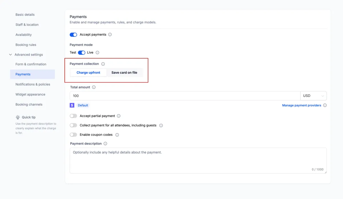 Calendar payment settings showing Collect Card on File as a separate option from Charge Upfront Calendar payment settings showing Collect Card on File as a separate option from Charge Upfront