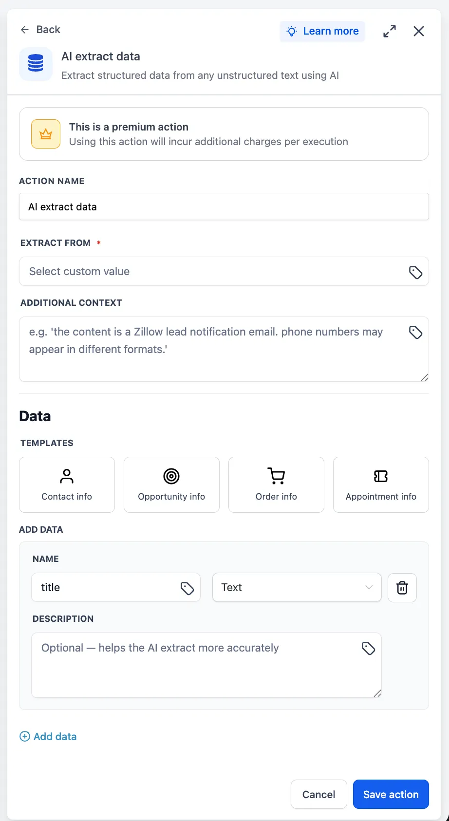 The AI Data Extract action configured to pull structured fields out of an inbound message