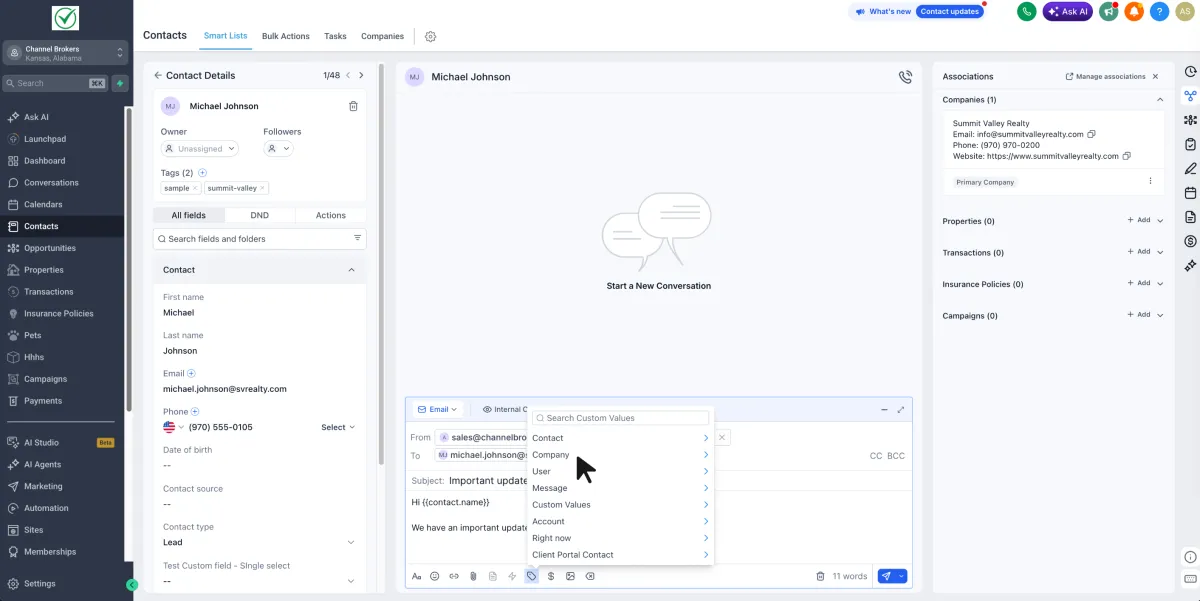 Company fields appearing as a group in the custom value picker