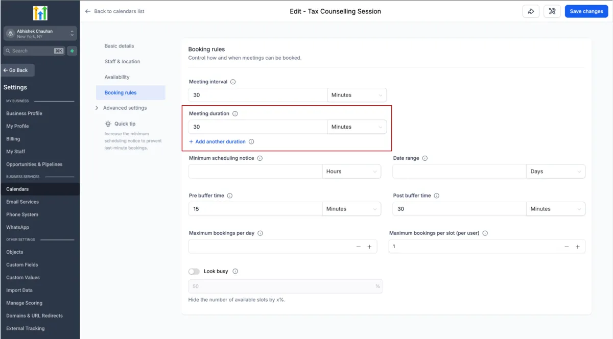A booking page offering a choice of three meeting durations, with availability shown for the selected length A booking page offering a choice of three meeting durations, with availability shown for the selected length