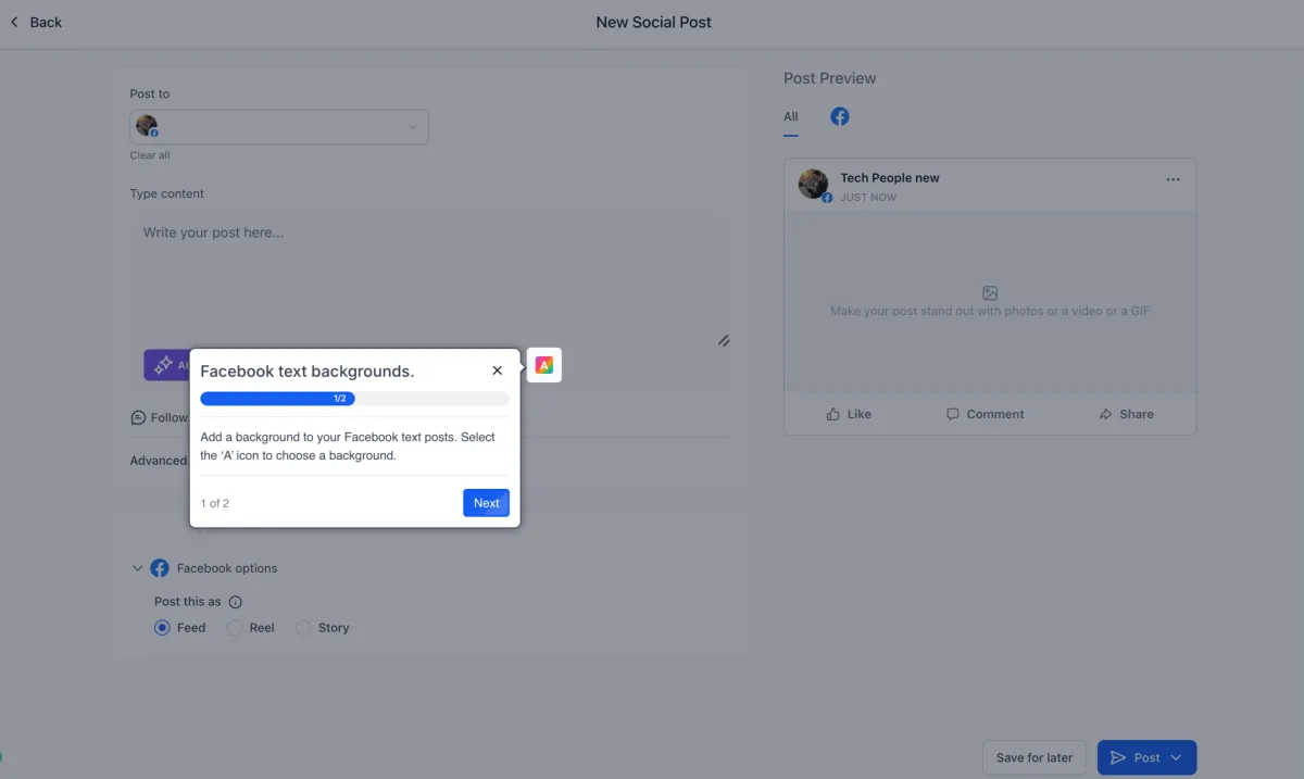 A Facebook text post with a coloured background previewed in Social Planner