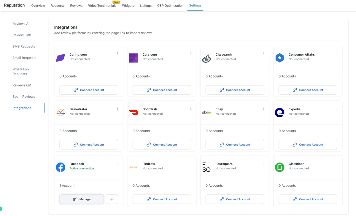 Several pages connected to a single review platform integration