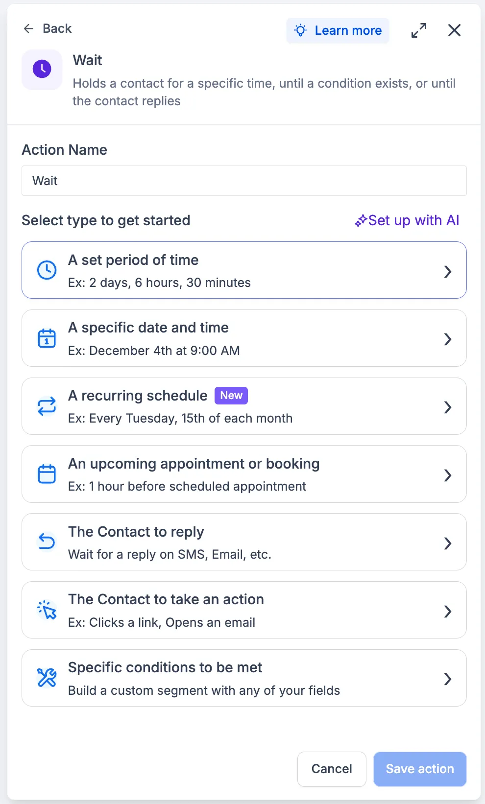 The rebuilt wait action asking what the contact should be waiting for