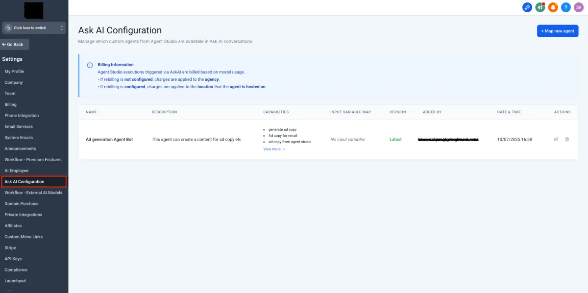 Mapping a custom Agent Studio agent into Ask AI