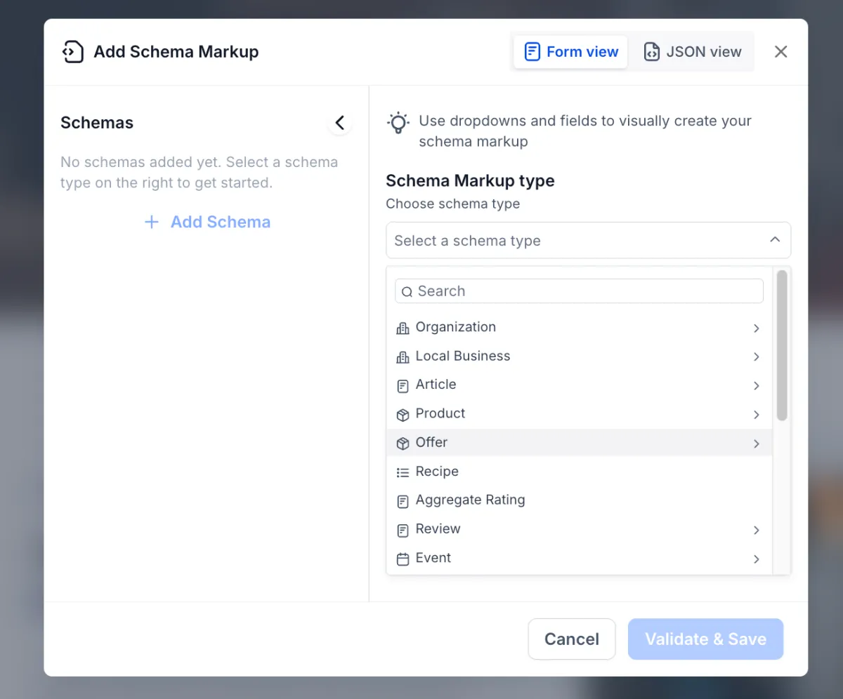 The expanded schema type list in the schema markup builder