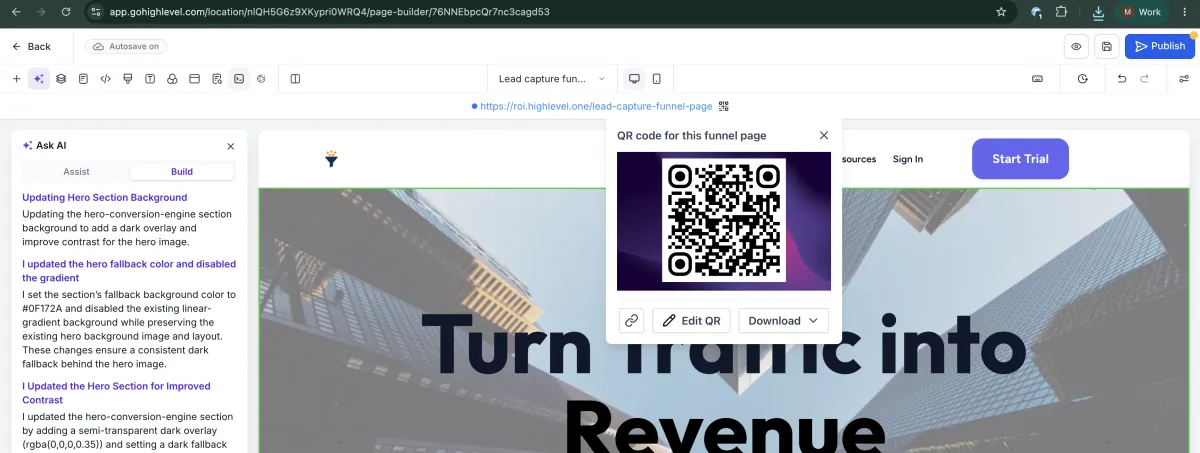 A QR code generated for a funnel step from inside the builder