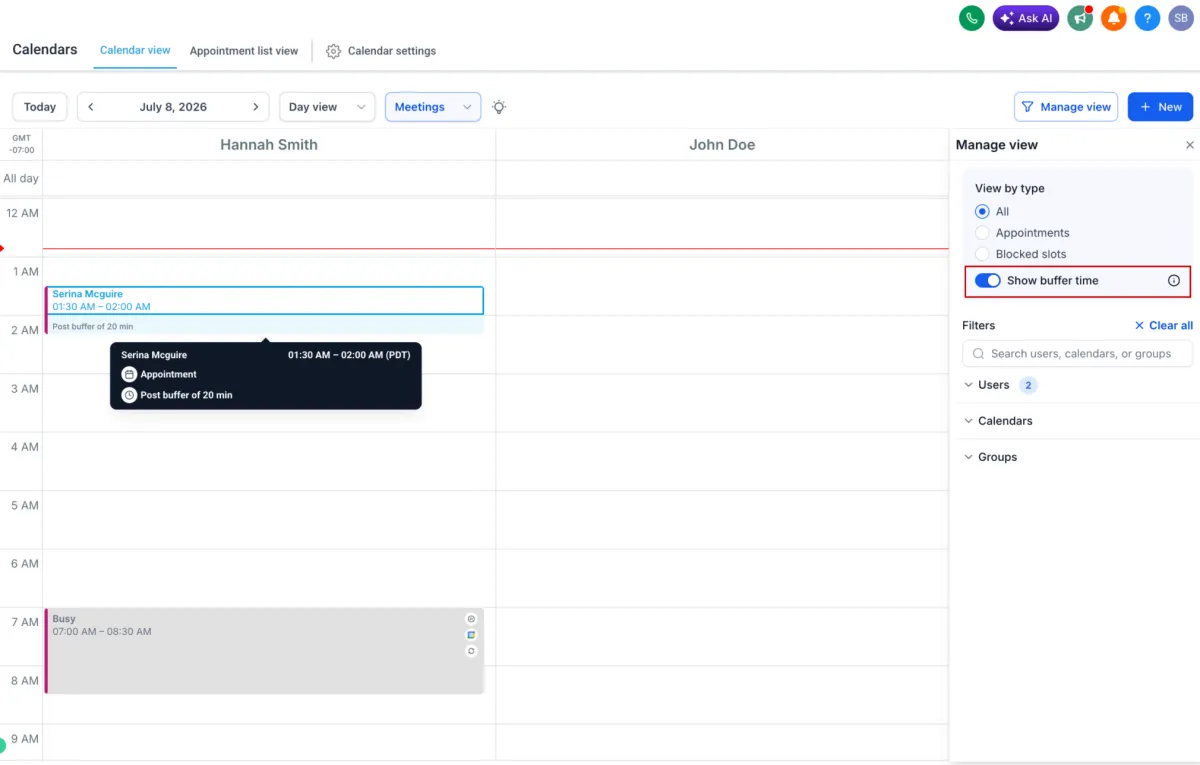 Buffer time displayed as blocks around appointments in the week view