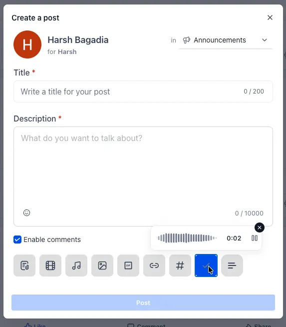 A community post with a voice note attached, showing the waveform and playback controls