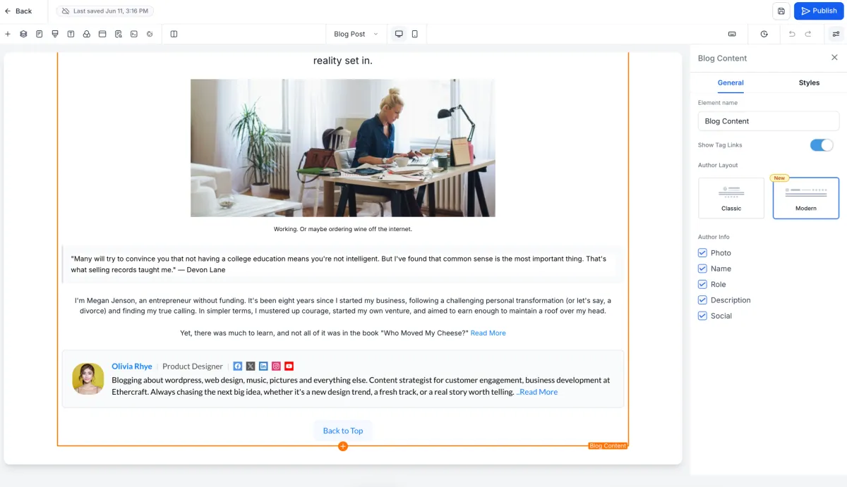 The card-based author layout on a blog post