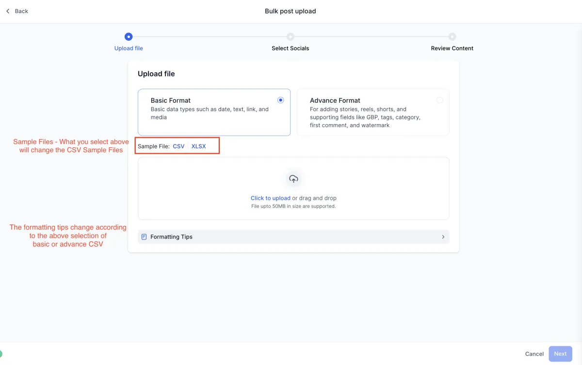 The advanced CSV upload option in Social Planner