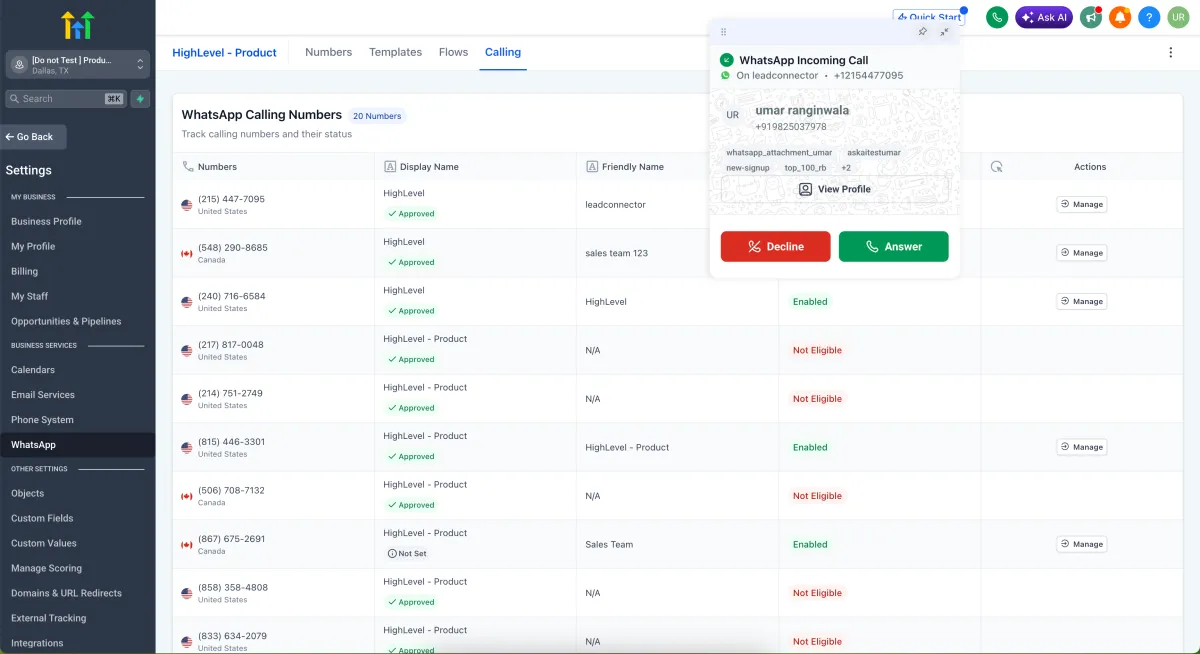 A voice call placed from inside an existing WhatsApp conversation thread