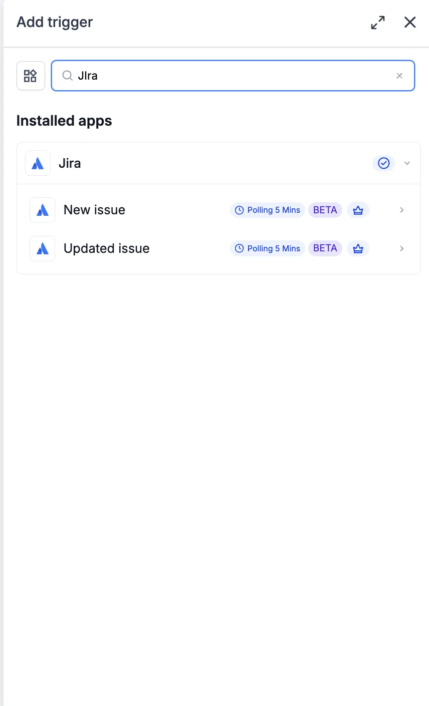 Jira triggers and actions available in the workflow builder