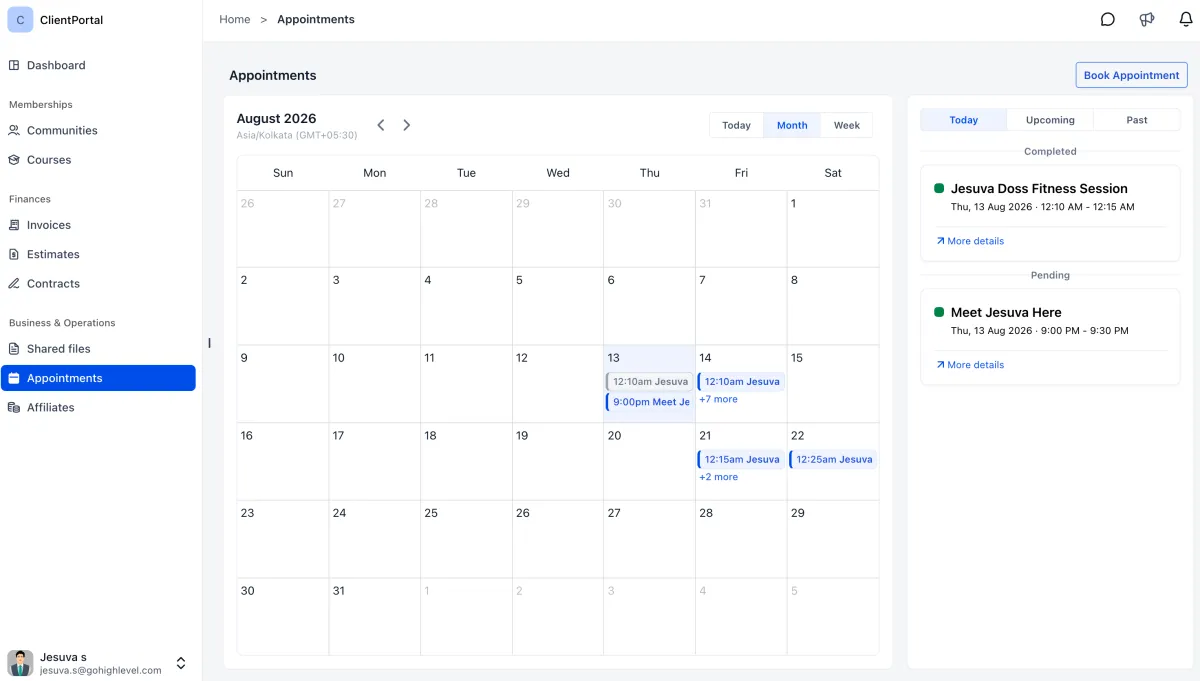 The Client Portal appointments view showing Today, Upcoming and Past bookings alongside a calendar The Client Portal appointments view showing Today, Upcoming and Past bookings alongside a calendar