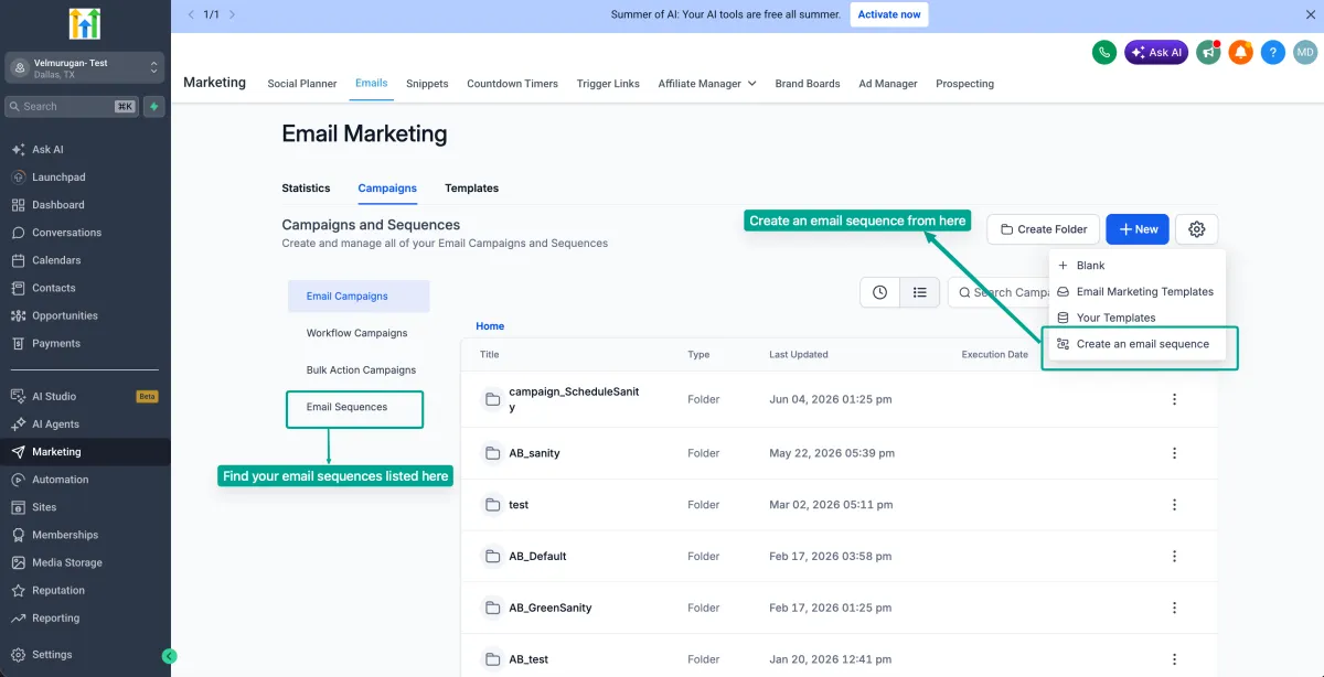 An email sequence with its steps, delays and conditions