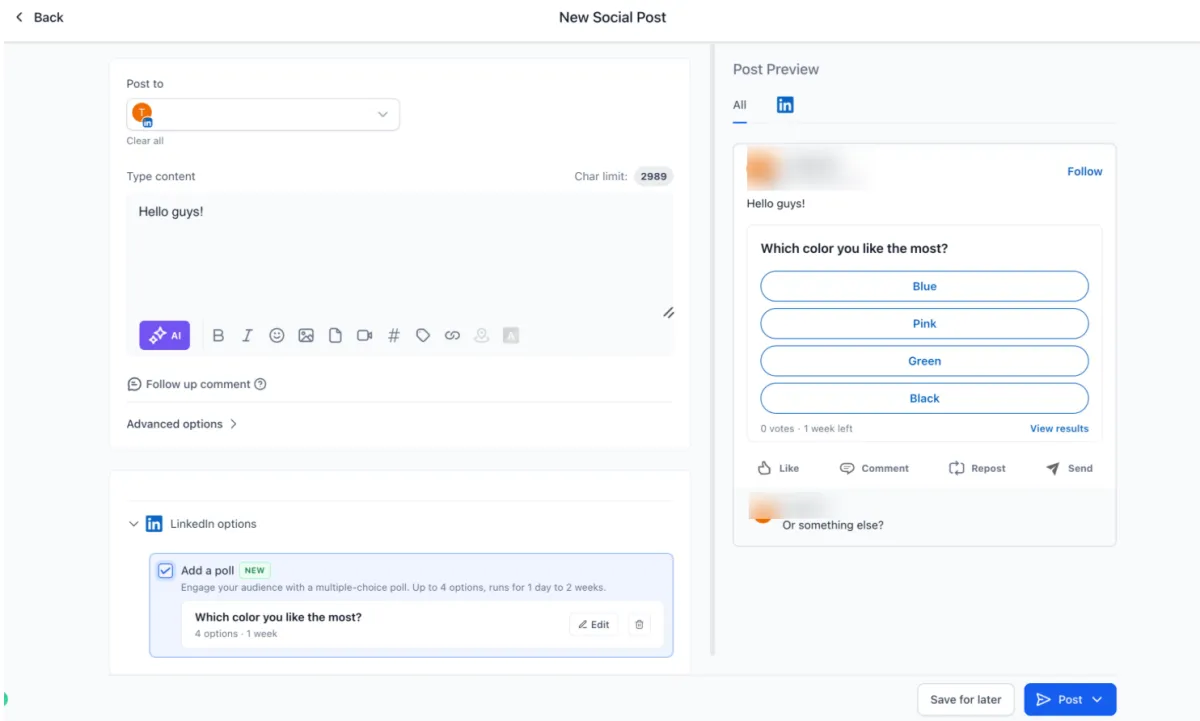 A LinkedIn poll composed inside Social Planner with its question and options A LinkedIn poll composed inside Social Planner with its question and options