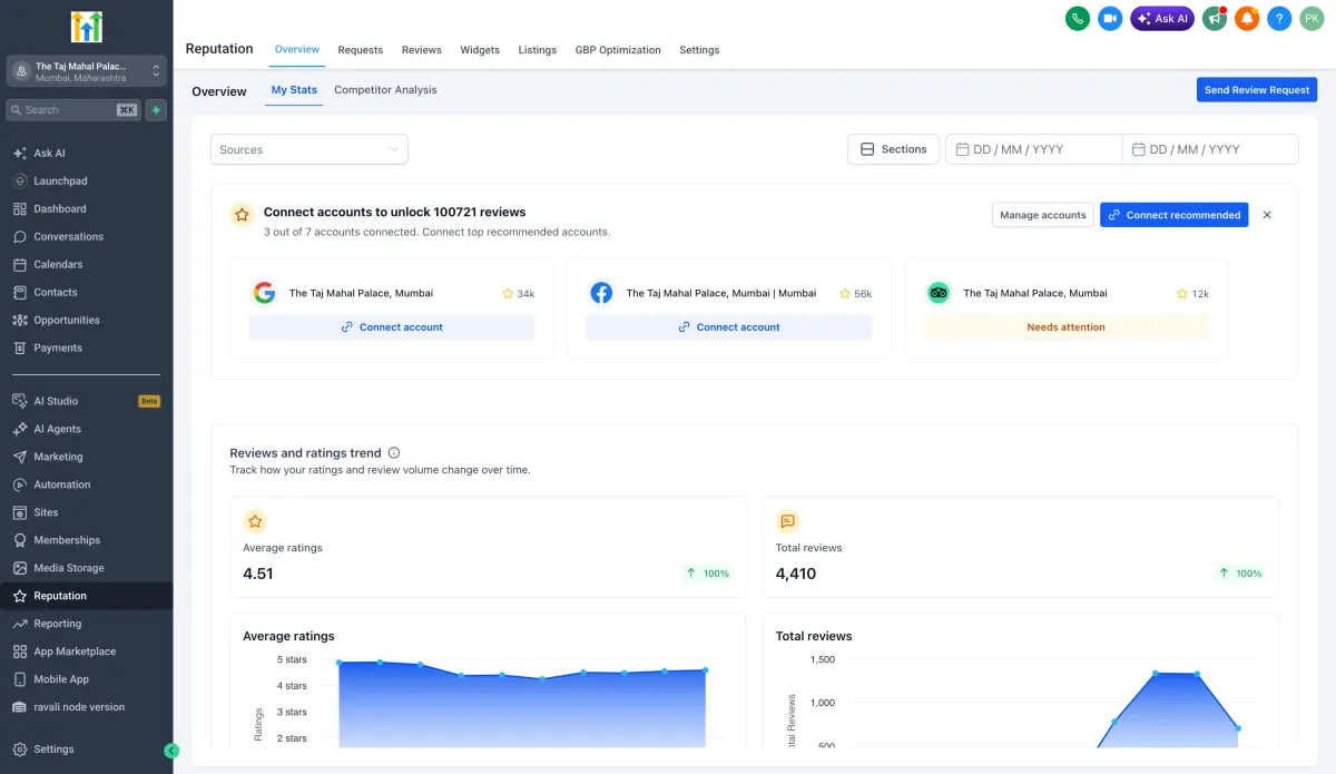 Detected review profiles across platforms with confidence indicators and review counts