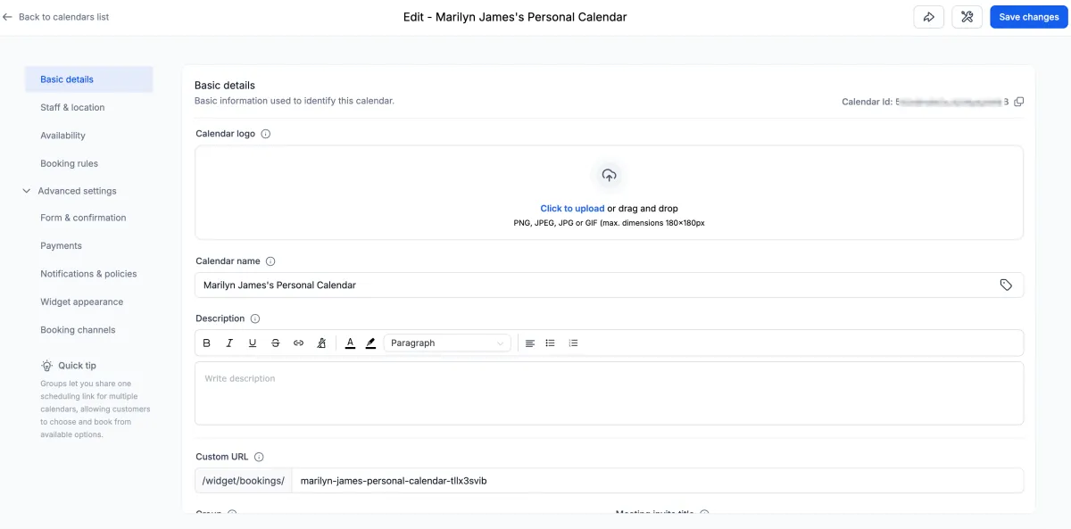 The redesigned calendar settings, grouped into five sections with inline helper text