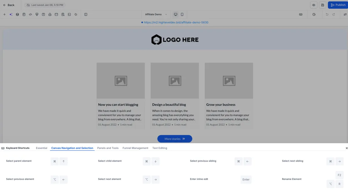 The keyboard shortcut reference panel in the page builder