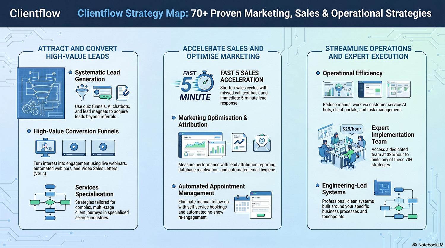 Clientflow Strategy Map - 70+ marketing, sales and operational strategies infographic