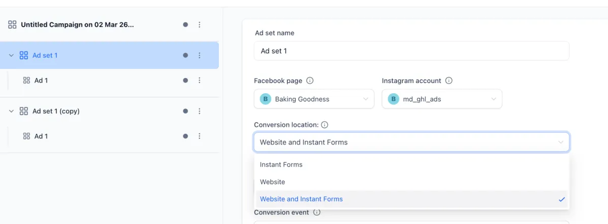 Conversion location options for a Meta campaign