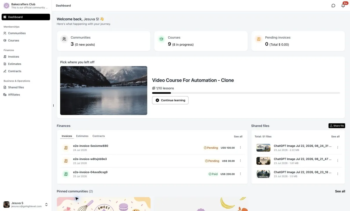 The unified client portal dashboard showing courses, communities, invoices and files