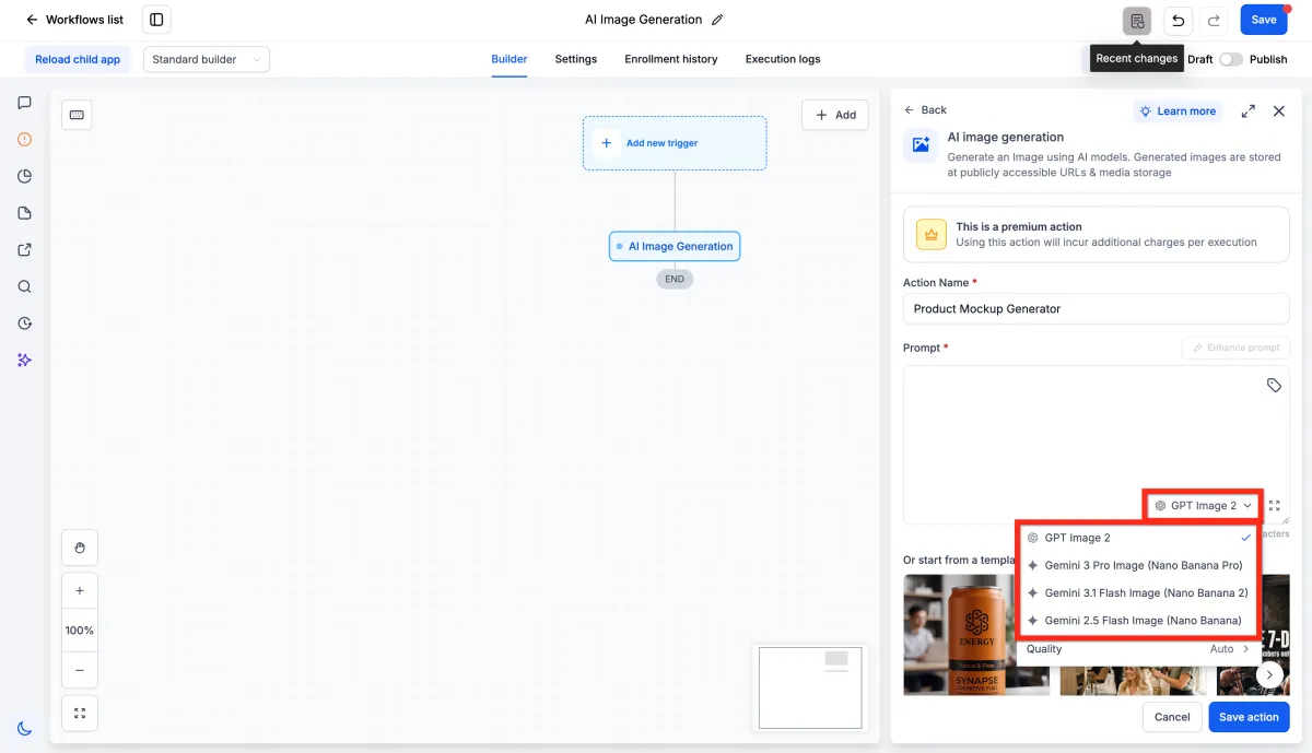 The AI Image Generation action in the workflow builder, showing the model dropdown and prompt field