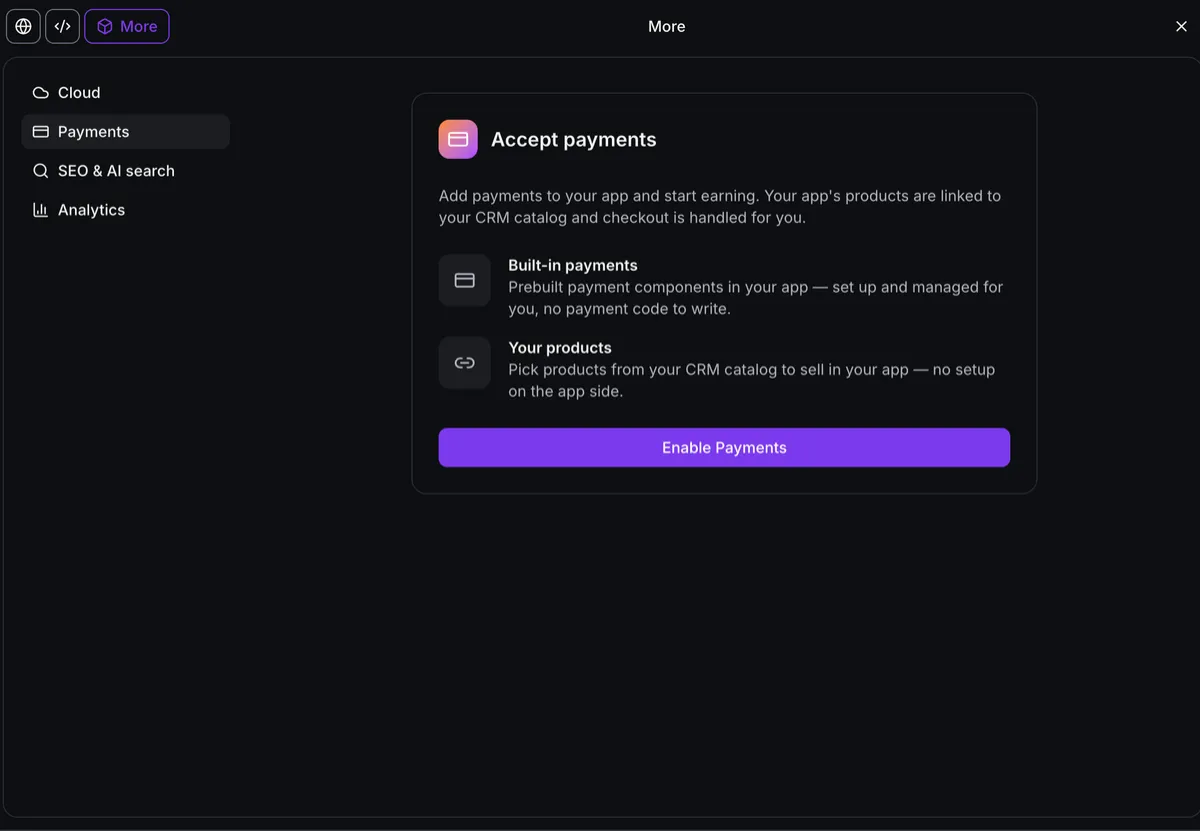 The Accept payments panel in AI Studio, linking an app's products to the existing catalogue with checkout handled for you